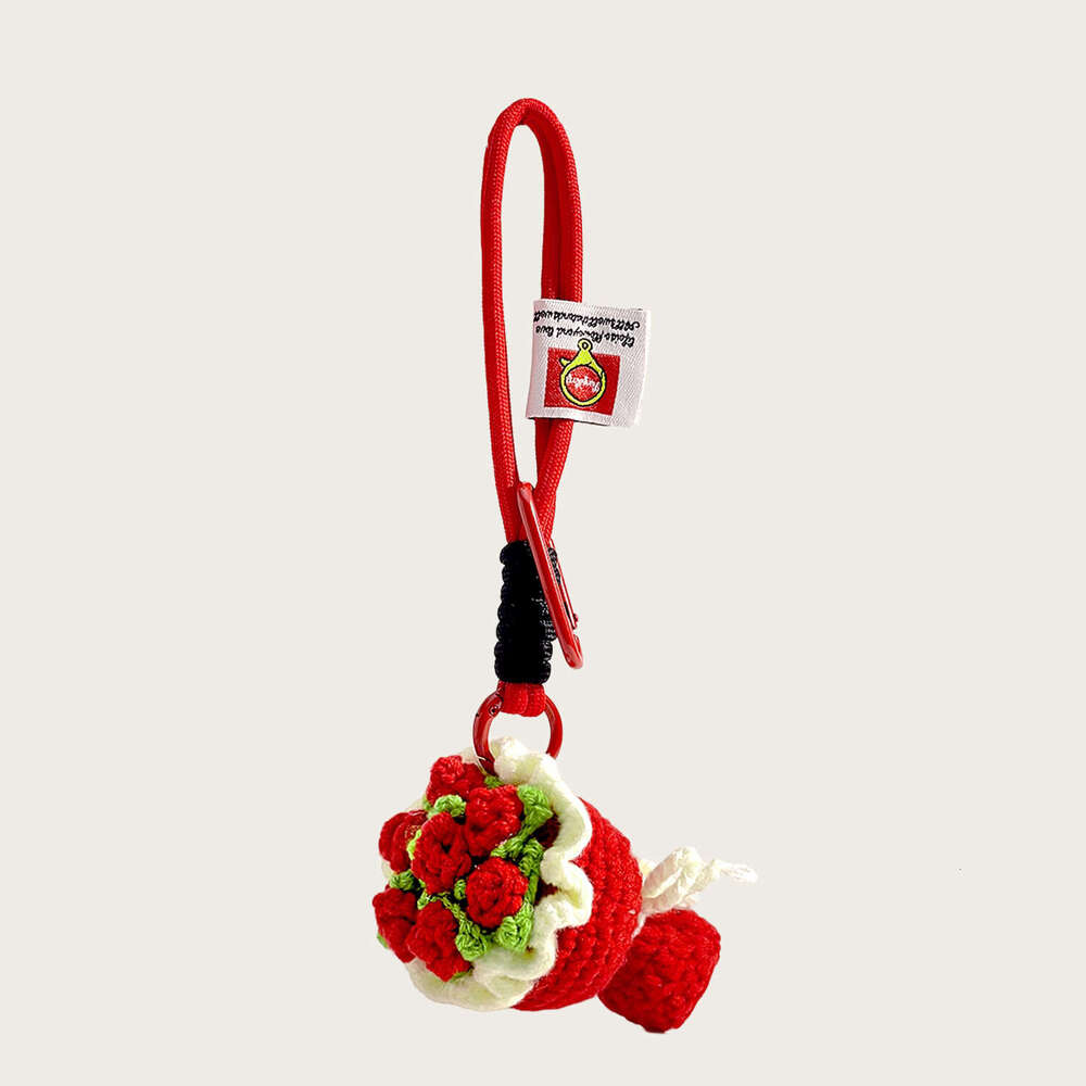 Cute Handmade Crocheted Pink Rose Bag Pendant Knitted Handheld Flower Keychain Valentine's Day Gift