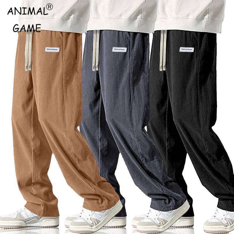 Autumn Mens Corduroy Baggy Wide Leg Casual Pant Elastic Waist Drawstring Sweatpants Loose Work Pants Breathable Outerwear