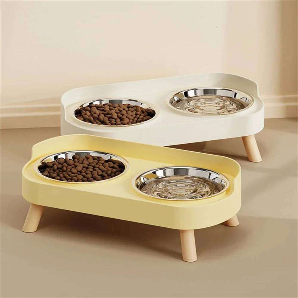 A Colorful Dopamine Pet Fashion Feeding Large Capacity Stainless Steel Dog Drinking Water Neck Cat Double Bowl 26Y0312