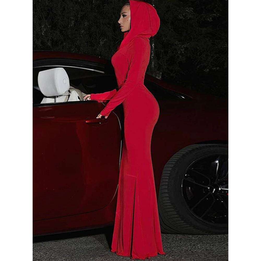 Ahagaga Fashion Sexy Solid Hooded Maxi Dresses Women Elegant Casual Long Sleeve Slim Bodycon Party Vestidos Robes Streetwear C260312
