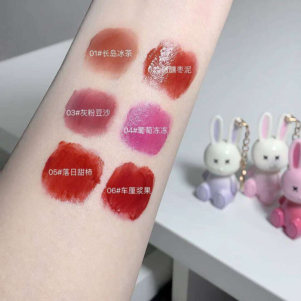Cute Rabbit Mirror Keychain Lipstick Waterproof Gloss Long Lasting Non-stick Cup Women Lip Glaze Cosmetic 6 Colors W260311