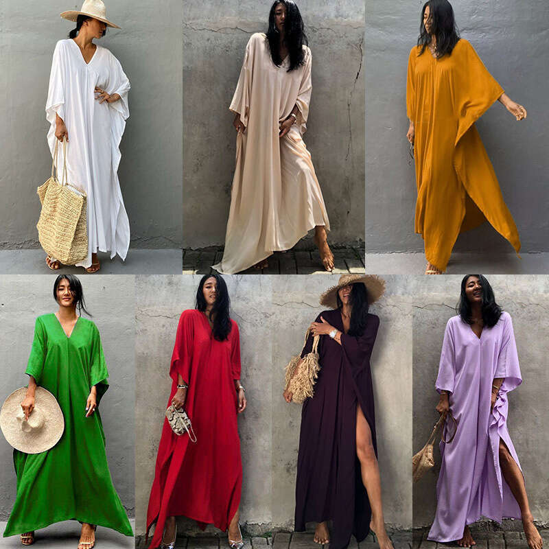 New European and American style rayon solid color cover-up dress seaside vacations, loose-fitting bikini swimsuit robe for women