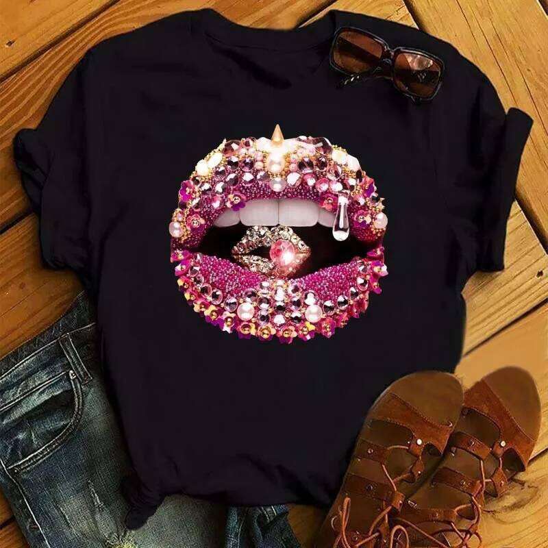 Sexy Colorful Diamonds Lip Print T Short Sleeve O Neck Loose Women Tshirt Ladies Tee Shirt Tops Camisetas Mujer Z260312