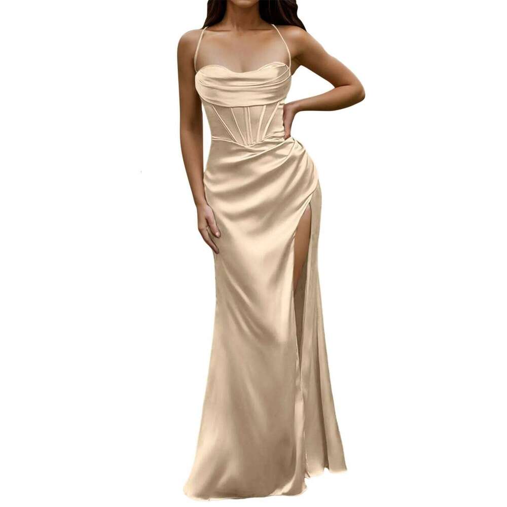 Green Women's Lace Up Backless High Slit Corset Maxi Dress Elegant Vestidos Slim Fishbone Formal Dresses For Wedding Guest C260311