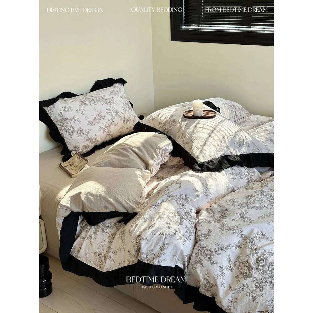 Four-piece set of pure cotton plant flower printing and dyeing French retro lace quilt cover simple universal in all seasons H260312