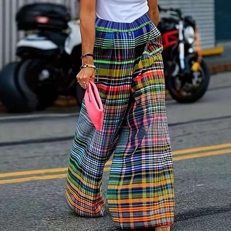 2025 New European and American Women's Fashion Spring/Autumn Colorful Printed High-Waisted Casual Comfortable Draped Wide-Leg Pants