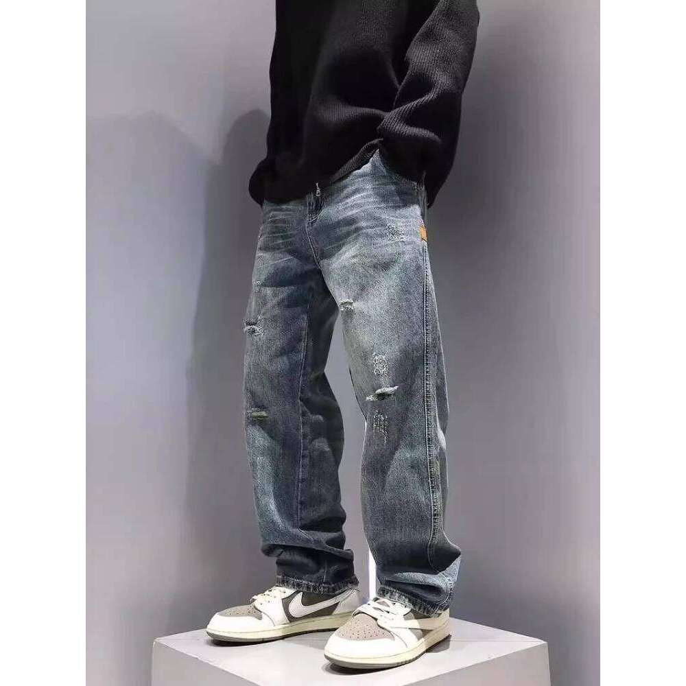 New Men's Ripped Jeans Baggy Straight Fashion Vintage Blue Denim Pants Personality Streetwear Hip Hop High Quality Male Trousers 26Y0312