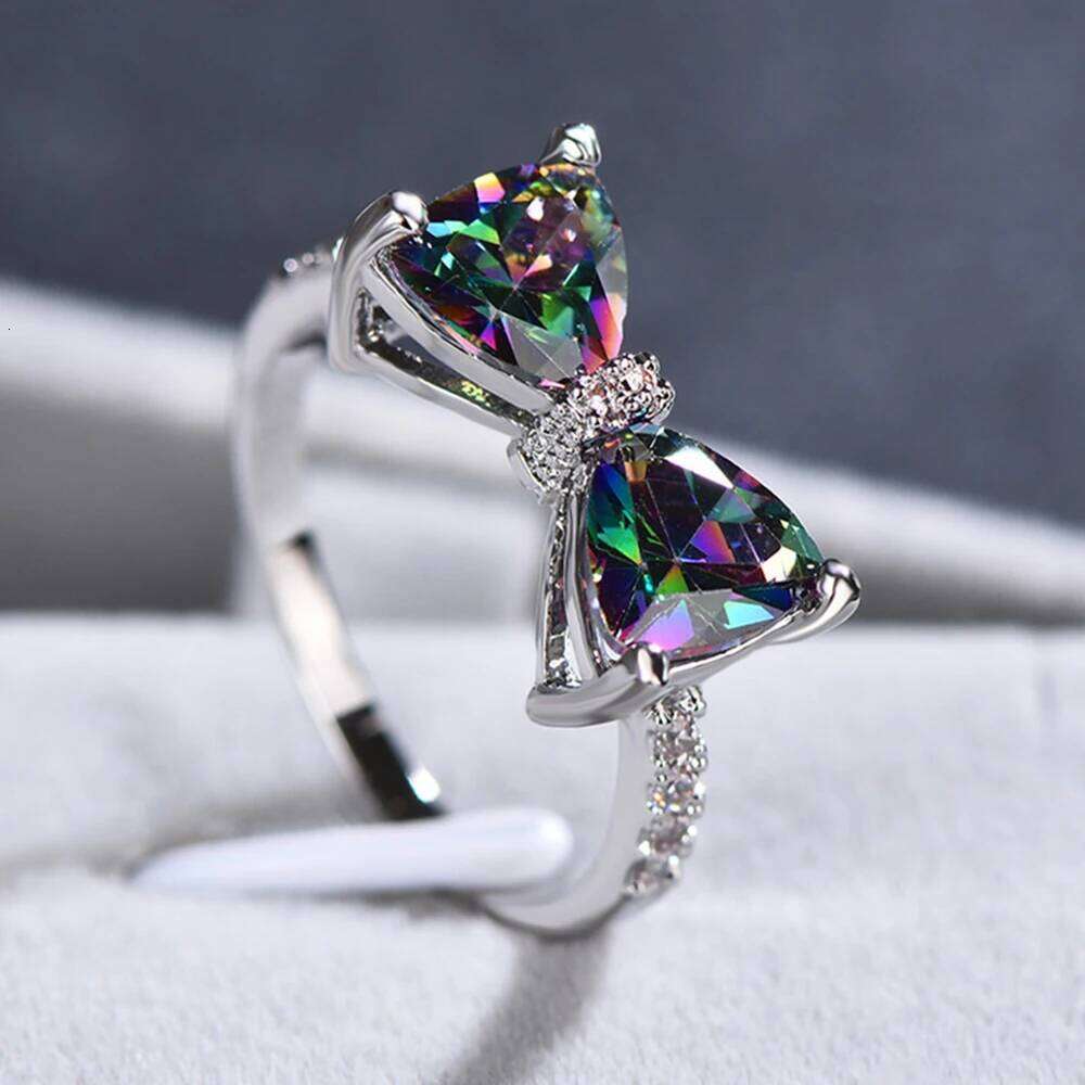 Huitan Personality Multi-colored CZ Bow Rings for Women Fancy Bride Wedding Ceremony Party Finger-ring Nice Gift Fashion Jewelry H260312
