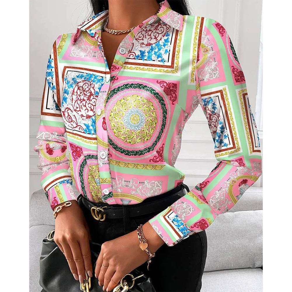 2026 New Women Fashion Wild Shirts Chain/Floral/Letter/Geometric Square Print Turn-Down Collar Long Sleeve Blouses