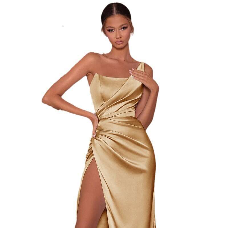 European and American Cross-Border Spring New Sexy Elegant One-Shoulder Fishbone Side Slit Gown Satin Long Dress Wholesale