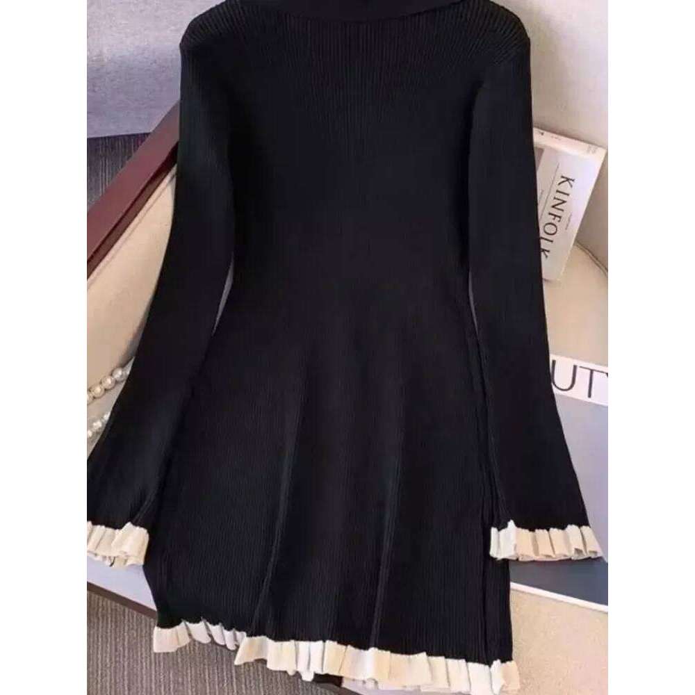 Women Knit Mini Dress Black Polo V Neck Button Cream Ruffle Long Sleeve Elegant Slim Fit 2026 Lady Spring Robe Daily Commute C260312
