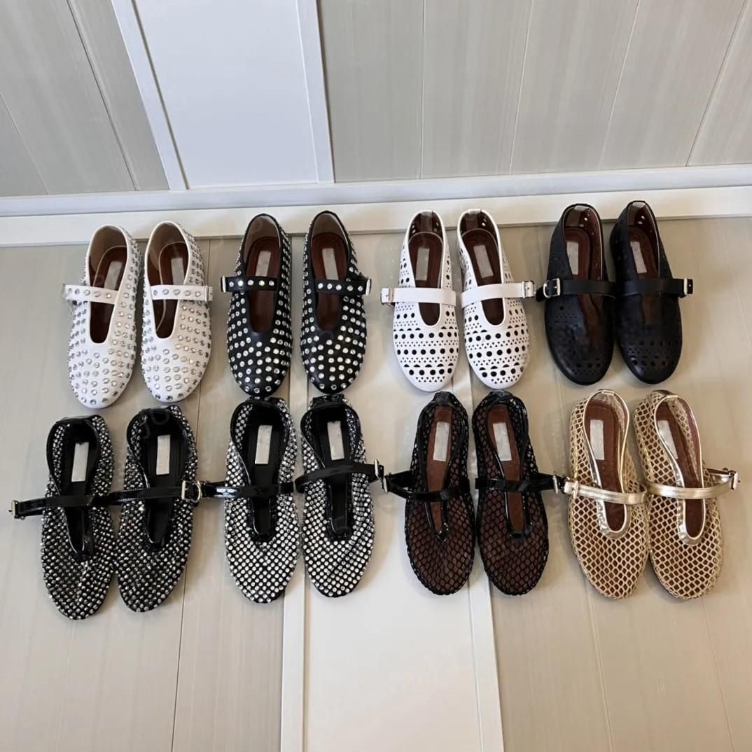 New Paris designer ballet flats Mary Jane shoes Mesh Cut-Outs pearl button buckle strap Dress shoes Flat sandal Real leather Round toe Dance shoes Office wedding shoes