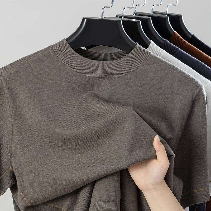 2026 Spring/Summer New Men's Short Sleeved 100% Wool T-Shirt Sweater O-neck Solid Color Loose Knit Pullover Business Casual Tops