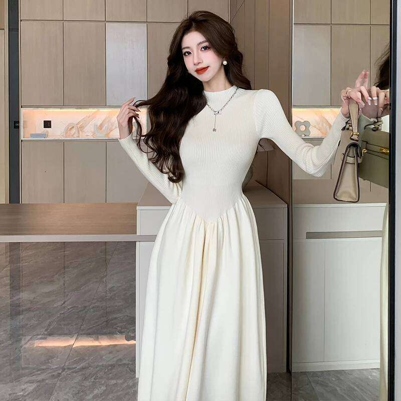 French Fashion High Collar Long Sleeve Knitted Women's Autumn Winter Inner Waist Cinching Sweater Maxi Dress New Arrival C260312