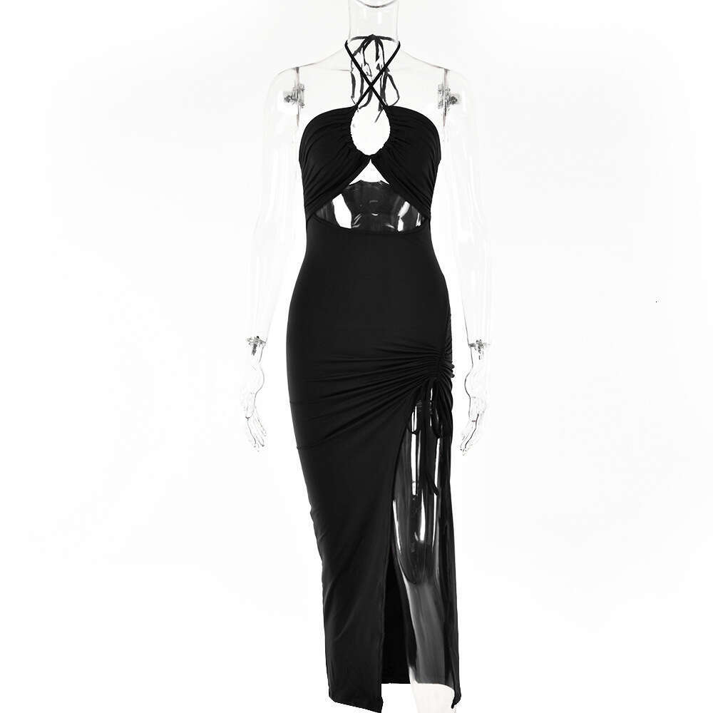 European and American Style Spring New Sexy Hot Girl High Slit Ruched Halter Neck Elegant Chest-Enhancing Long Dress