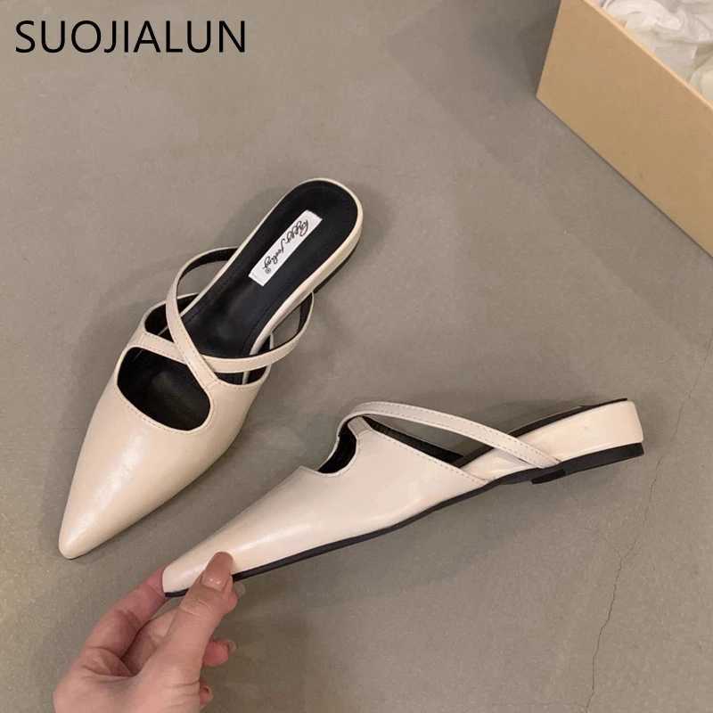 SUOJIALUN 2024 Summer New Women Flat Shoes Fashion Pointed Toe Slip On Mules Shoes Soft Flat Heel Outdoor Vaction Ladies Sandals K260312