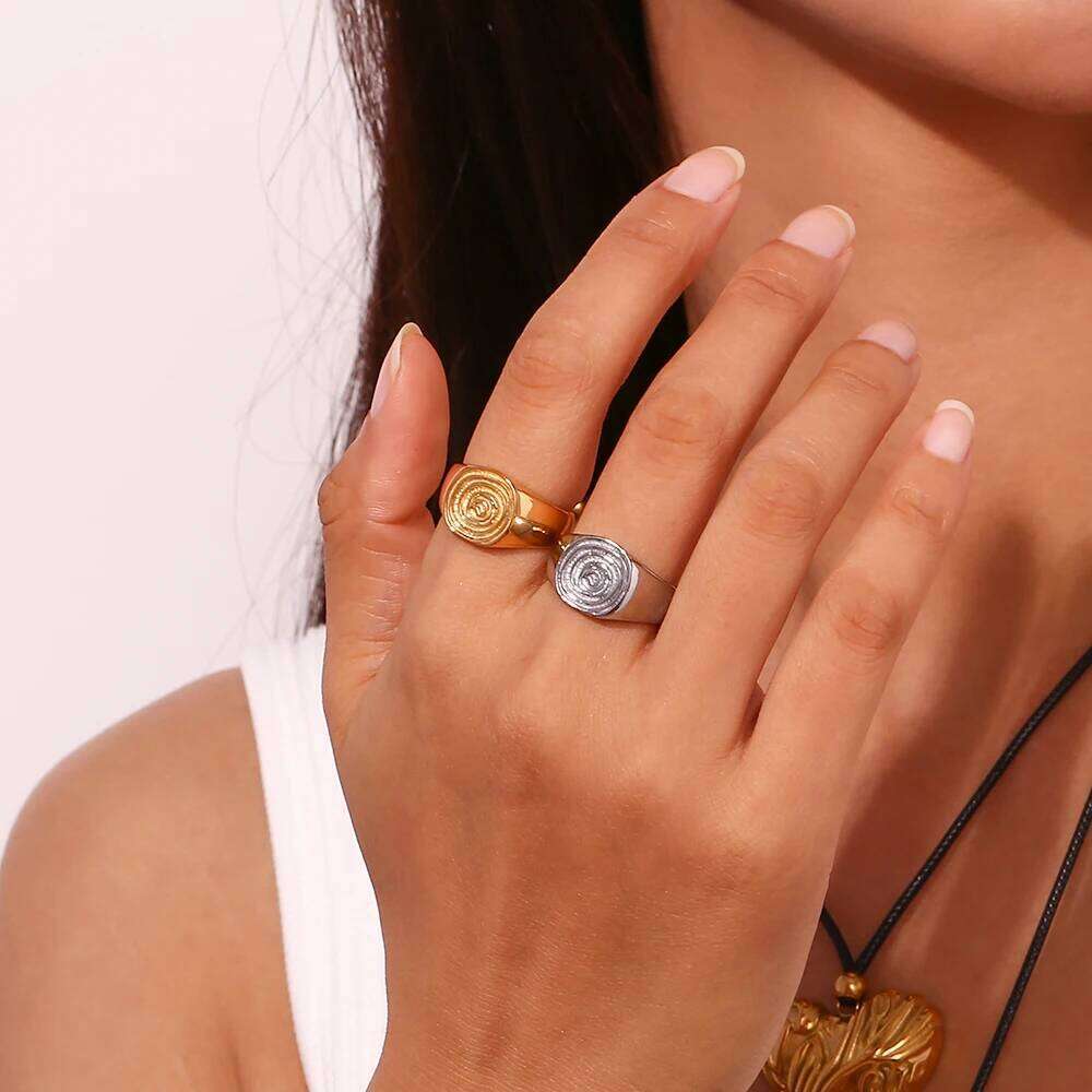 MamacitaSlay Unique Fingerprint Swirl Ripple Gold Silver Colour Rings Womens Stainless Steel Tarnish Free Jewelry Accessories H260312