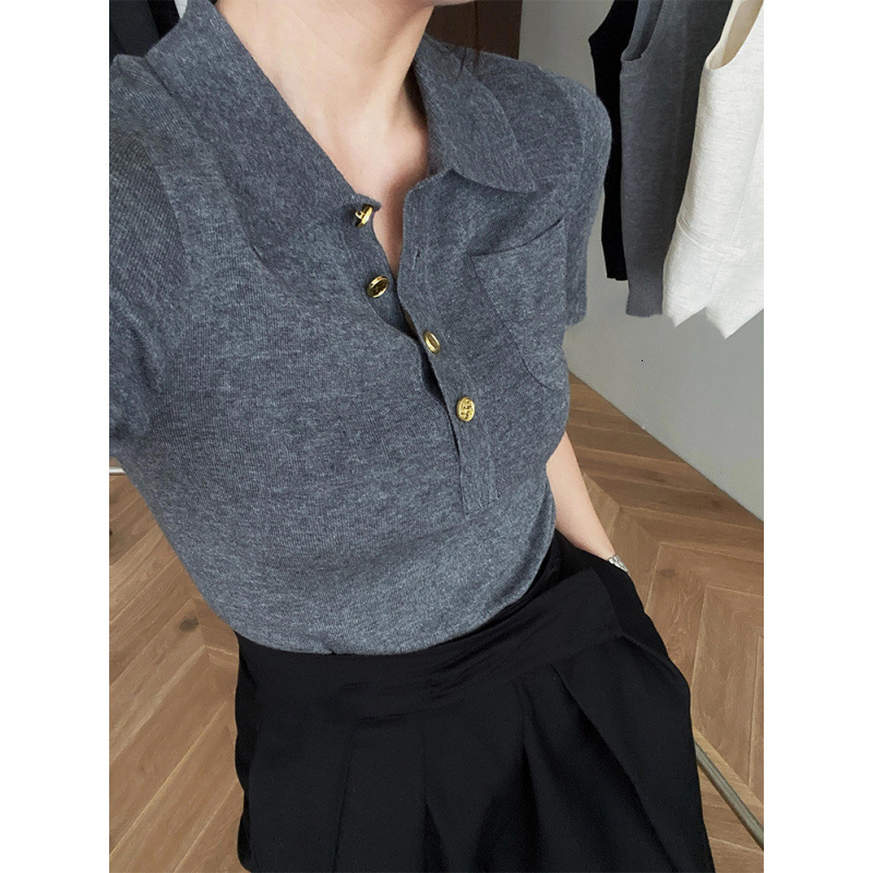 French-style Polo Collar Gray Polo Shirt Knit Top For Women Designer Designer Shirt Hoodie Summer Short Style High-end And Elegant Ice Silk Regular Sh