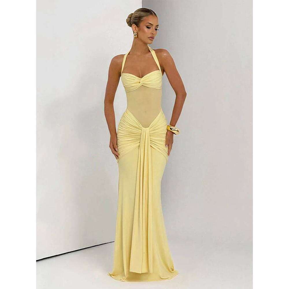 kliou Patchwork Elegant Women Maxi Dress Classic Sexy Sheer Ribbons Halter Backless Bodycon Female Trend Festival Evening Wear C260311