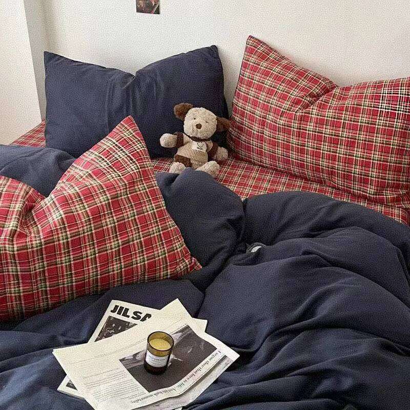 Bedding Ins Ambiance Blue Coffee Grid Mixed Washed Cotton Minimalist Flat&Fitted Sheets Duvet Cover Set With Pillowcase H260312