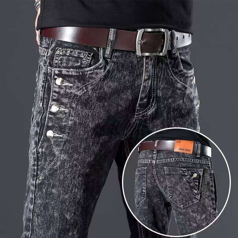 Classic Slim Vintage Men's Designer Jeans Snowflake Grey Wash Korean Fashion Stretch Pants Multi-button Denim Trousers 26Y0312