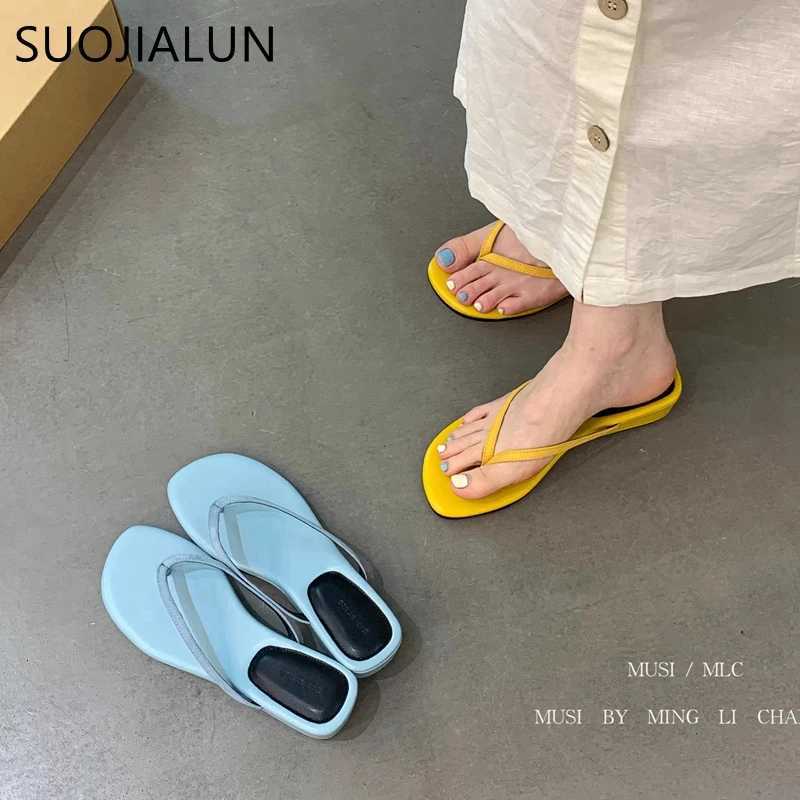 SUOJIALUN 2025 Summer New Women Slipper Fashion Narrow Band Ladies Elegant Outdoor Dress Slides Low Wedge Heel Flip Flops K260312