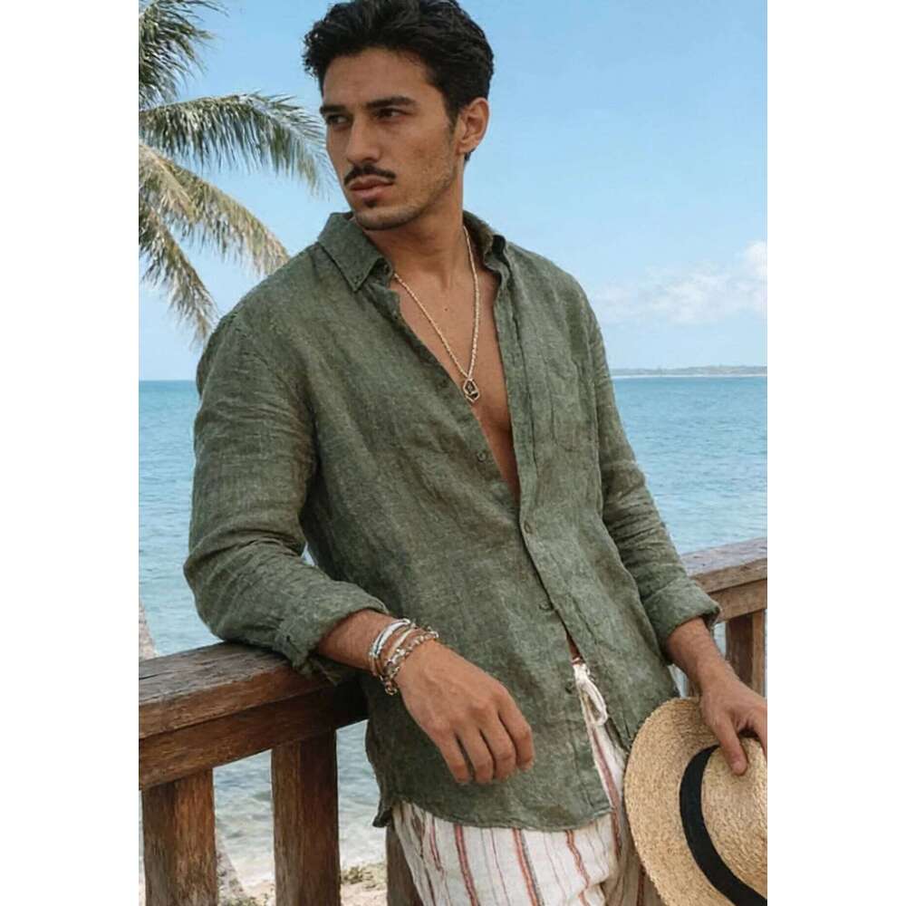 Men's new men's long sleeve buttoned cotton linen shirt lapel cardigan