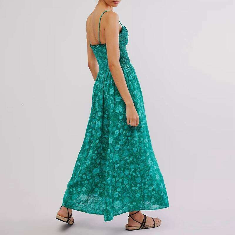 Maemukilabe Women Beach Style Holiday Maxi Floral Spaghetti Straps Backless Swing Summer Long Dress Cocktail Party C260312