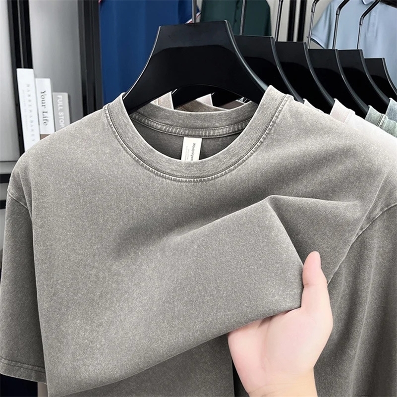 American Style Retro Heavyweight Solid Color Short Sleeved T-shirt Men Women Summer Street Trendy Washed Old Oversized Clothes 260227