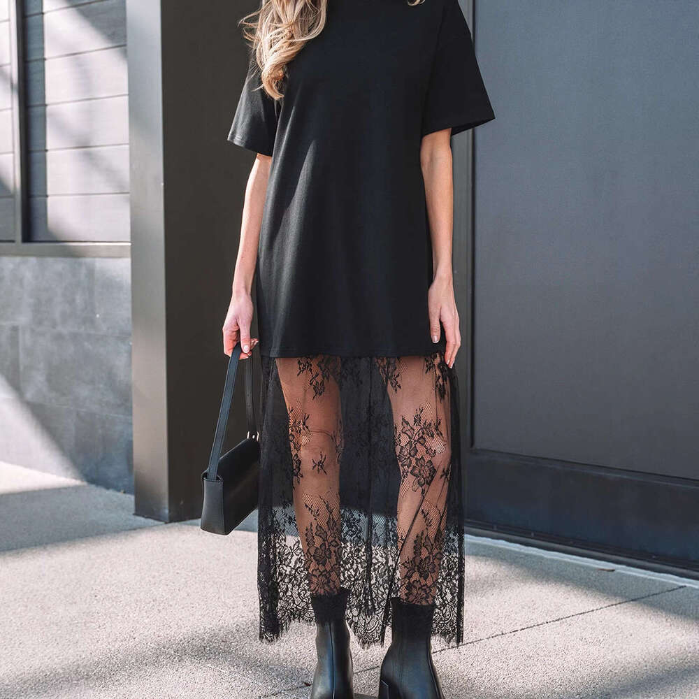 2025 Summer New Solid Color Long Women, European and American Style, Unique Design, Lace Patchwork Short Sleeve Dress for Women