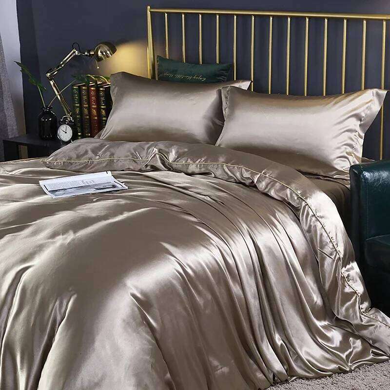 Silk Bedding Set with Duvet Cover Fitted/Flat Bed Sheet Pillowcase Satin Bedsheet Solid Color King Queen Twin Size H260312