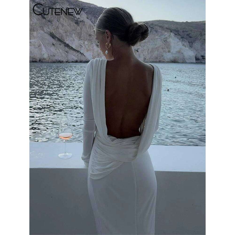 Cutenew High Street Women Maxi Dresses Classic Solid Backless Full Sleeve Sheath Concise Robe Female Elegant Banquet Vestidos C260311