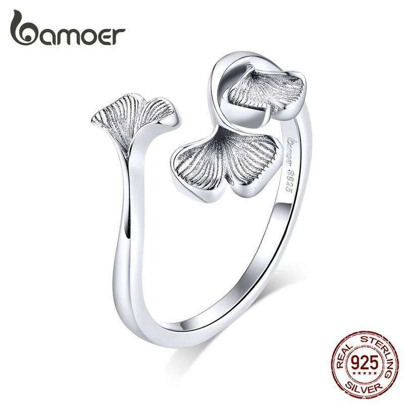 bamoer Design Ginkgo Leaf Finger Rings for Women Vintage Bijoux 925 Sterling Silver Trendy Wedding Jewelry BSR097 H260312