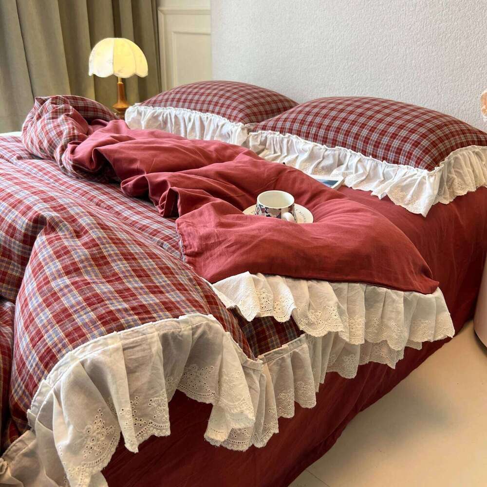 Plaid Bedding Vintage Lace Ruffles Duvet Cover Flat Sheets 2 Pillowcases Single Twin Full Queen Size Bed Set 3/4Pcs H260312