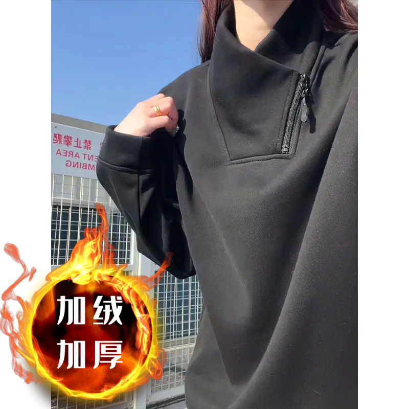 Couple's Diagonal Zipper Sweatshirt For Men Autumn And Winter Fleece-lined Stylish Long-sleeve T-shirt Heavy Designer Hoodie And Thick Warm Inner