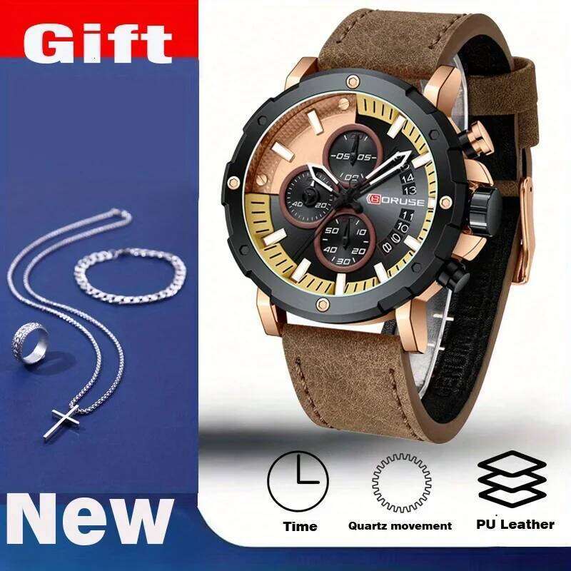 4pcs/set, BORUSE Luxury Watches & Cross Necklace Sets, Mens Quartz Casual Date Watch for Wristwatch Men Gift