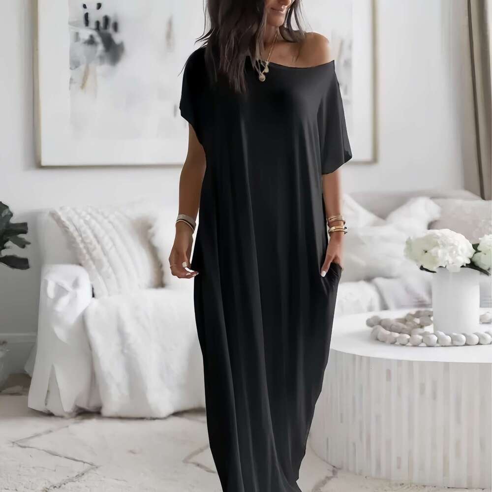 Popular foreign trade product: European and American summer new women's solid color short-sleeve long casual dress