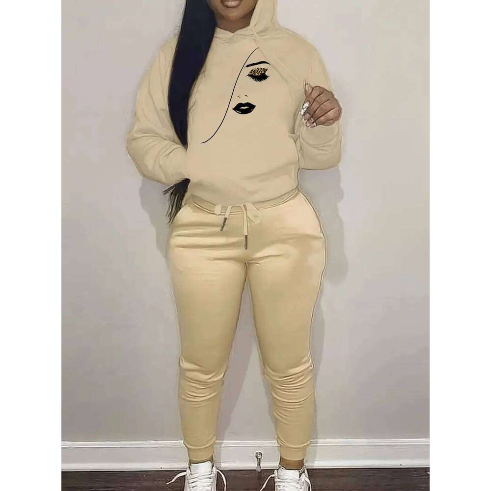 Women's autumn and winter fashionable casual eyelash eye pattern printed thick warm hooded sweatshirt+sports pants set C260312