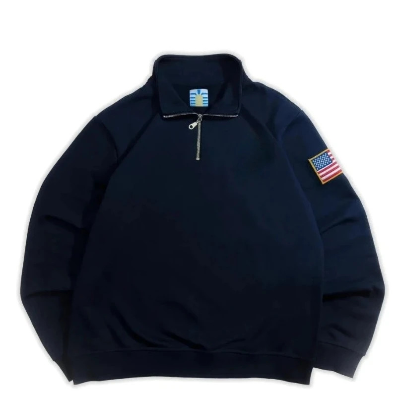 Y2K Retro Sweatshirt Sleeve Embroidery US Flag Stand Collar Quarterzip Pullover Fashion Niche Streetwear Unisex Oversized Tops 260311