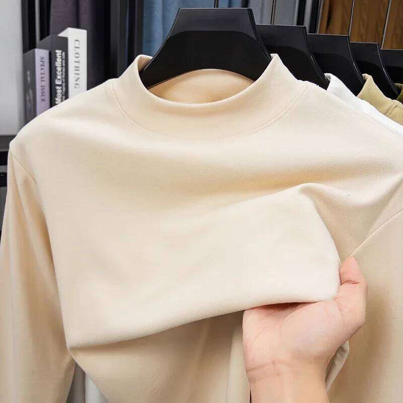 2025 New Men's Casual Solid Color High Collar Velvet Long Sleeve T-shirt Spring and Autumn Versatile Comfortable Top