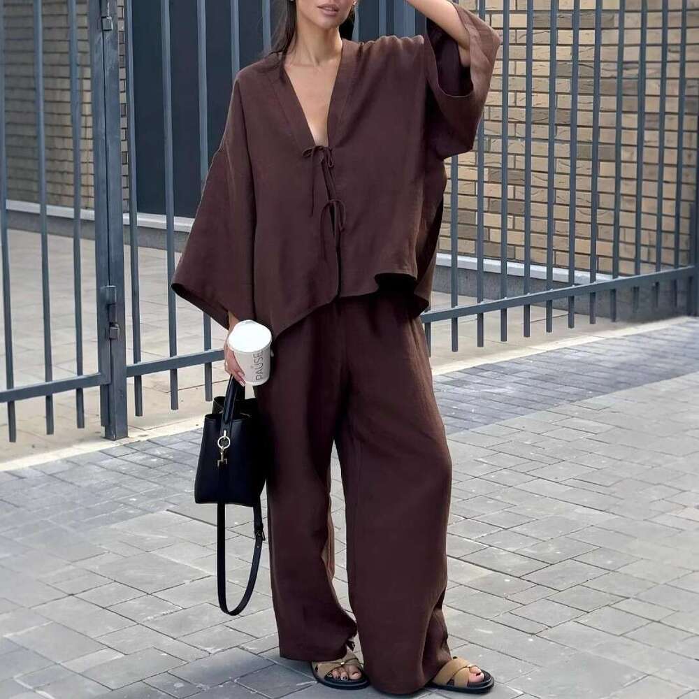 Spring Summer New Casual Cotton Suit Lace Up Top Wide Leg Pants European And American Cross Border
