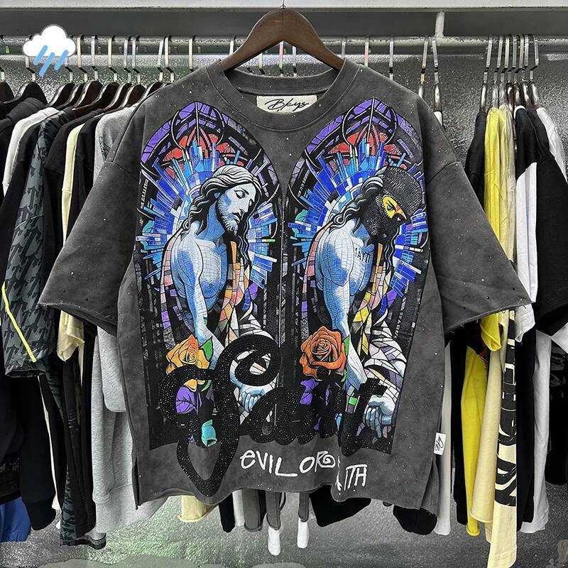 Best Quality Rhinestone Logo Saint T Shirt Men Women Character Print F-Terry Cropped T-Shirt Washed Gray Full Flash Diamond Tee ddmythur