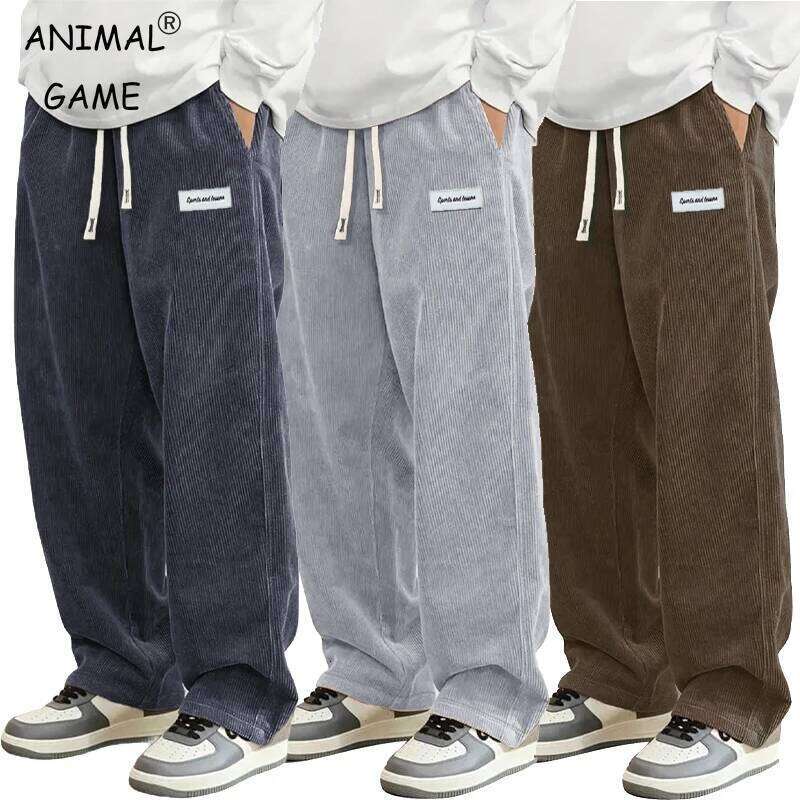 Autumn Mens Corduroy Casual Fashion Loose Fit Pants Straight Sweatpants Elastic Waist Drawstring Outdoor Streetwear
