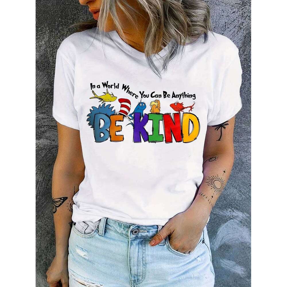 Valentines-Vintage Be Kind Print T-shirt, Short Sleeve, Crew Neck, Casual Top for Summer and Spring, Women's Clothing Z260312