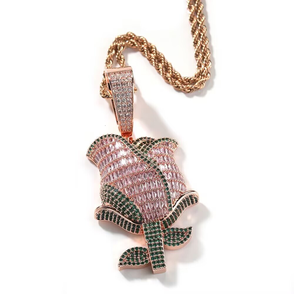 New Arrival Sparkling Full Diamond Rose Pendant Necklace with Moissanite, Men's Hip Hop Rap Jewelry