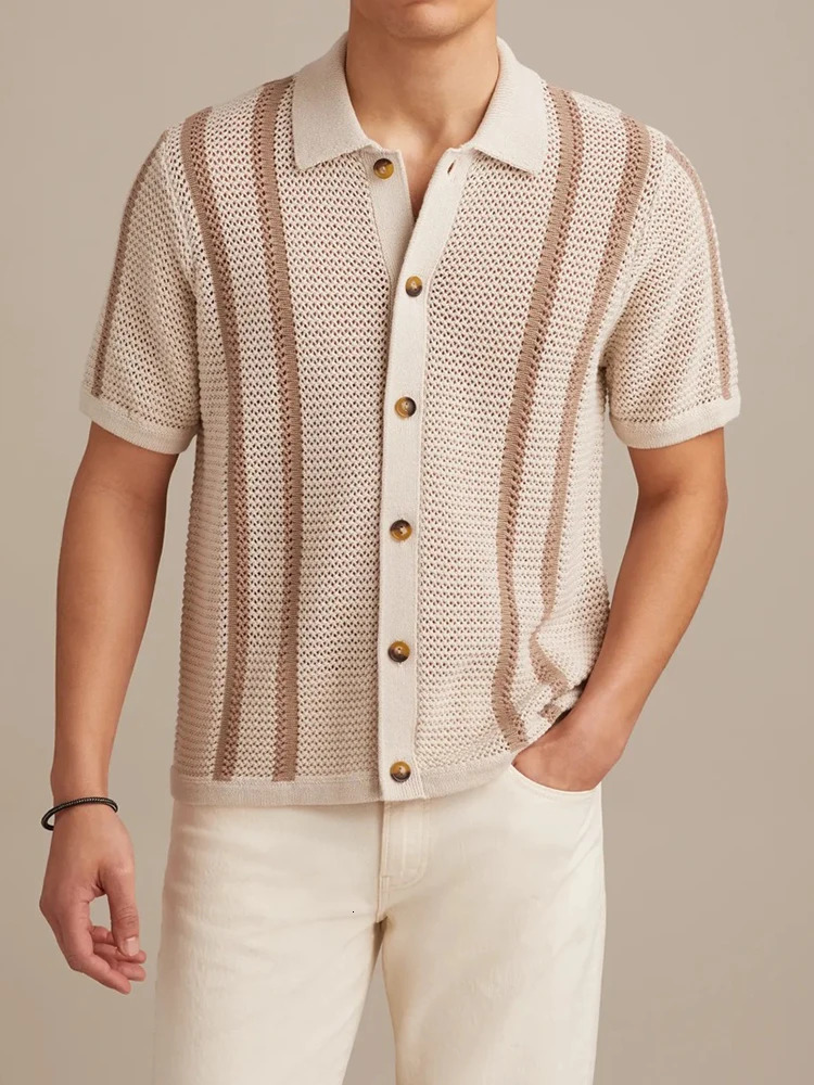 Vintage Striped Knitted Shirts Men Casual Short Sleeve Buttoned Lapel Cardigan Tops 2026 Spring Summer Stylish Knitting Shirt 260311