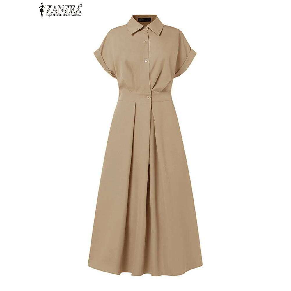 ZANZEA Women Summer Dress Elegant Short Sleeve Work OL Sundress Casual Solid A Line Buttons Holiday Vestidos Kaftan Robe Femme C260312