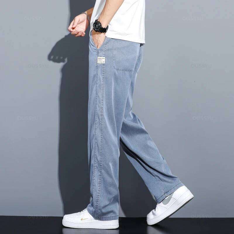 Summer Thin Soft Lyocell Fabric Jeans Men Loose Straight Wide Leg Pants Drawstring Elastic Waist Casual Trousers Plus Size M-5XL 26Y0312