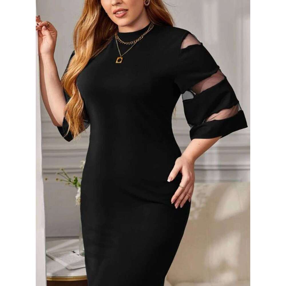 Spring/Summer New plus Size Elegant Women's Dress Black Mesh Paneling Bell Sleeve Sexy Bodycon Business Casual round Neck Solid C260312