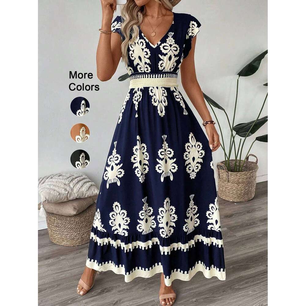 Women's V Neck Ruffle Hem A-Line Dress, Elegant All over Print, Elastic Waist, Moderate Fabric, Casual Vacation Wear C260312